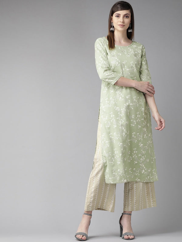 Women's  Green & White Floral Printed Straight Kurta - AKS