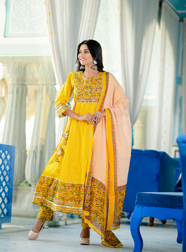 Women's Yellow Handblock Dupatta Set - Yufta