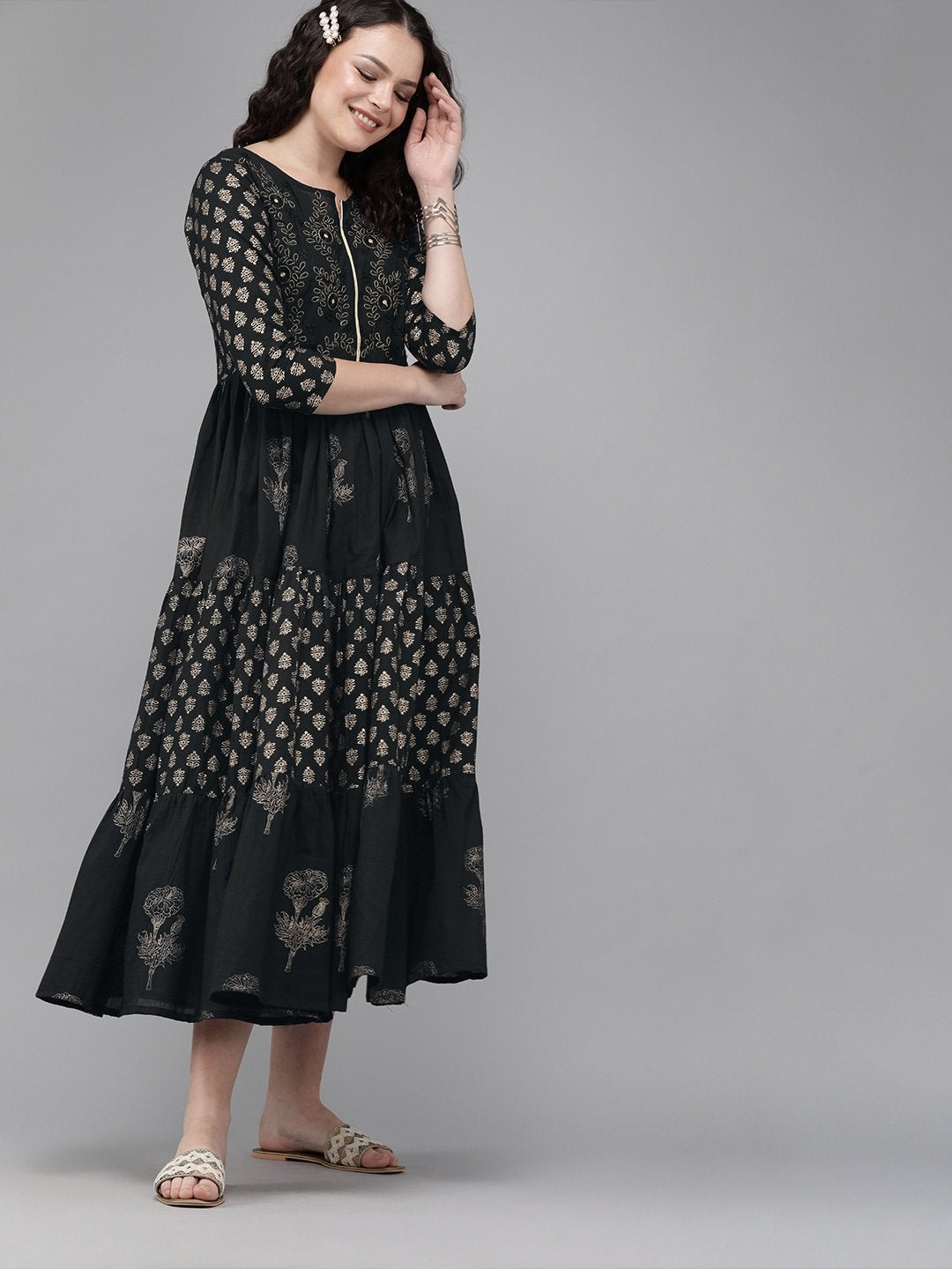 Women's Black A-Line Kurta - Yufta