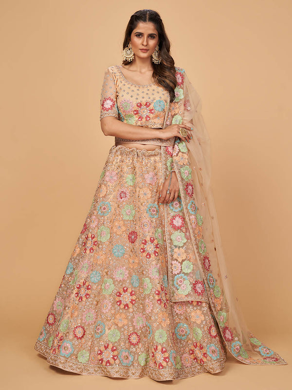 Women's Peach Soft Net Heavy Embroidered Designer Lehenga - Myracouture