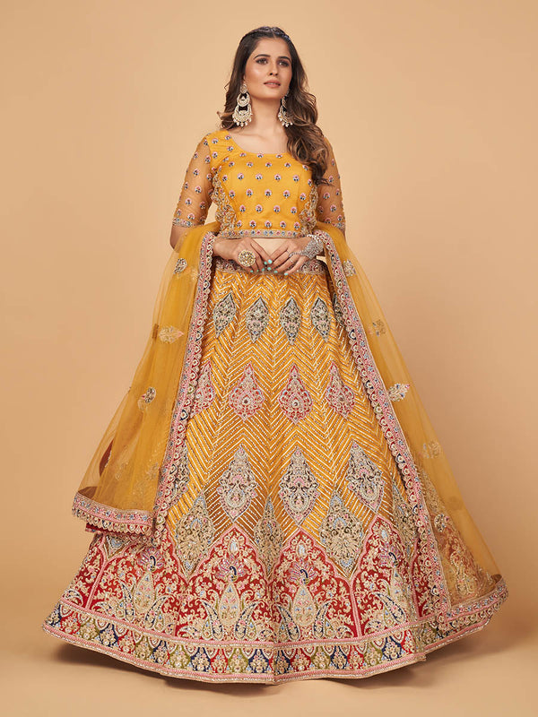 Women's Mustard Soft Net Heavy Embroidered Designer Lehenga - Myracouture