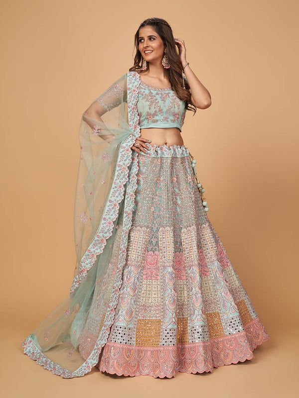 Women's Sky Blue Soft Net Heavy Embroidered Designer Lehenga - Myracouture