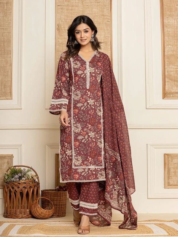 Maroon Floral Print Cotton Straight Style Kurta And Trouser With Dupatta-Indiakreations-JS1809SKDMRS