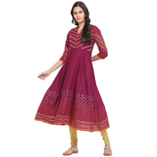 Women's Purple Cotton Printed Anarkali Kurti With Block Print - Wahe-Noor