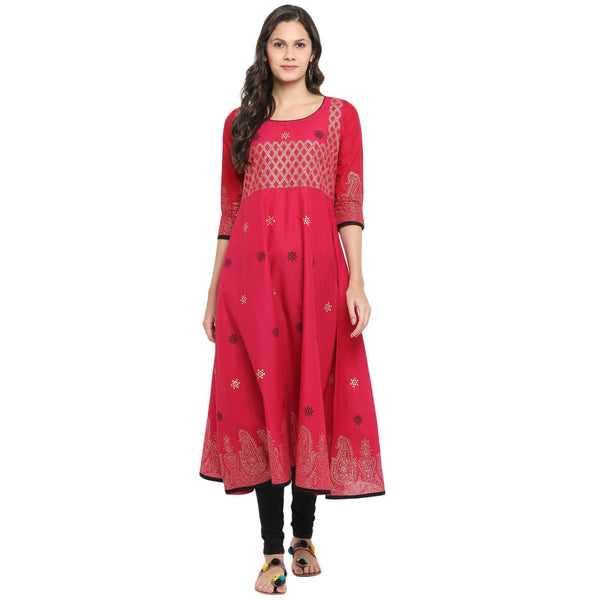 Women's Pink Cotton Printed Anarkali Kurti With Block Print (1 Pc) - Noz2Toz