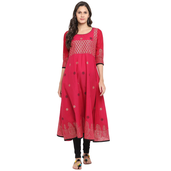 Women's Pink Cotton Printed Anarkali Kurti With Block Print - Wahe-Noor