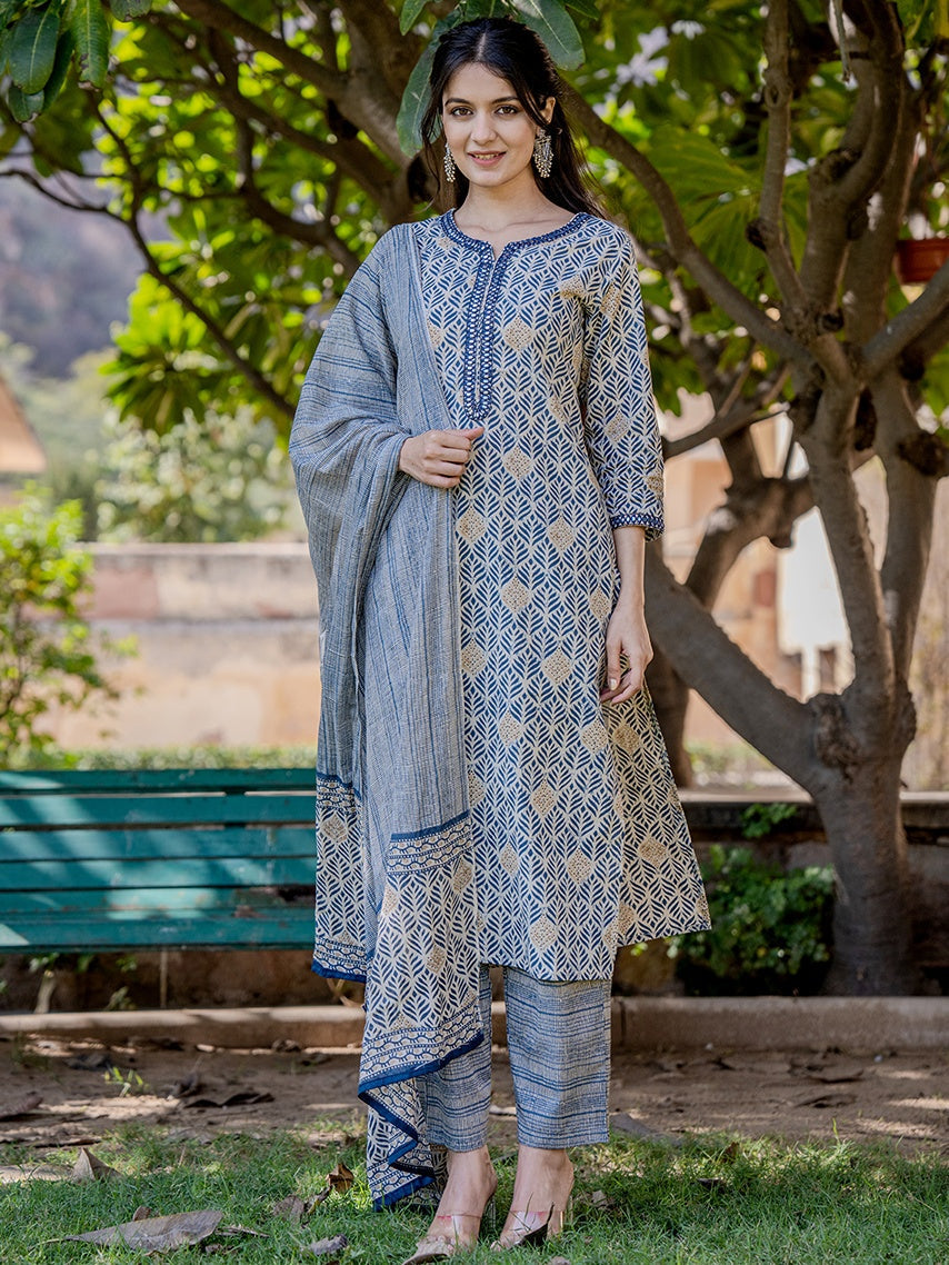 Women's Blue Cotton Straight Kurta Dupatta Set - Yufta