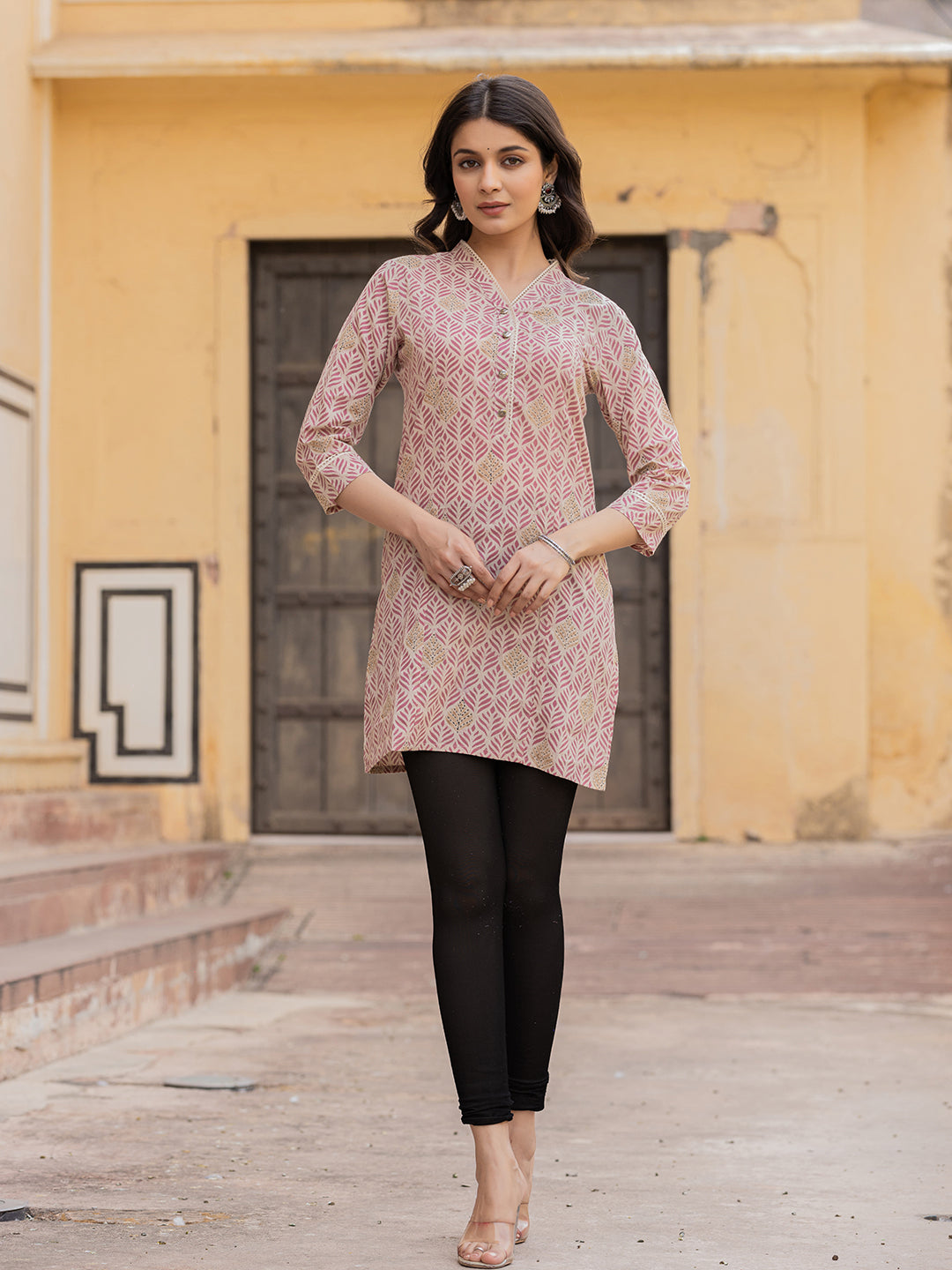 Women's Pink Ethnic Motifs Cotton Top - Yufta