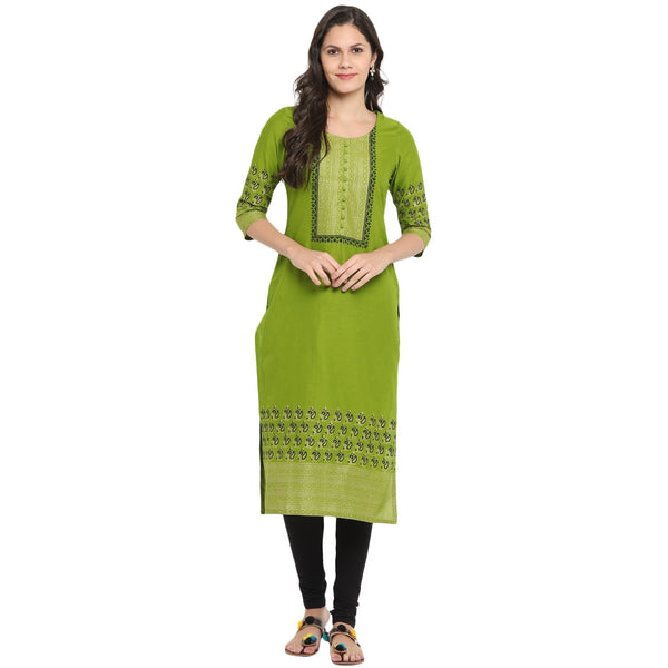 Women's Green Cotton Printed Straight Kurti With Block Print (1 Pc) - Noz2Toz