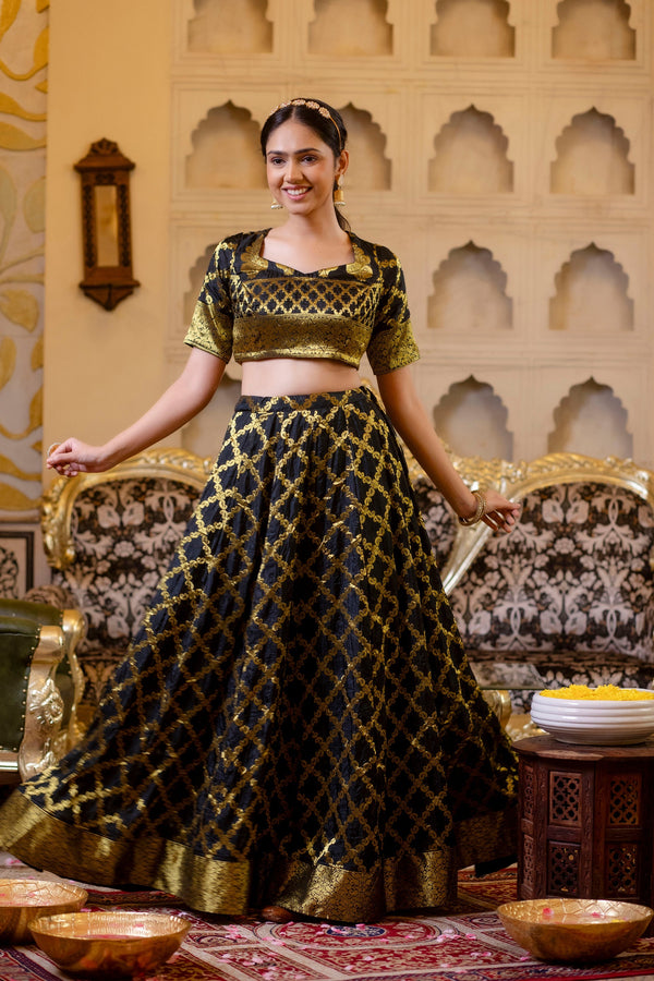 Black Banarasi Lehenga Choli with Dupatta by Saras the label - 3 pcs set