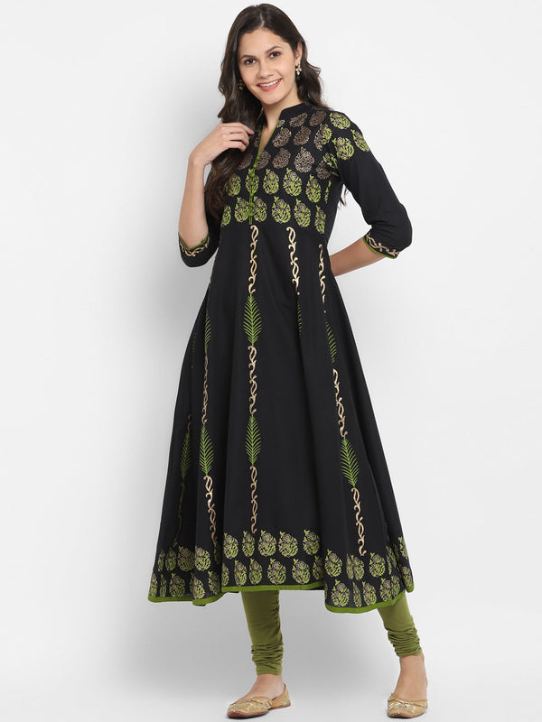 Women's Black & Green Cotton Printed Anarkali Kurti With Block Print (1 Pc) - Noz2Toz