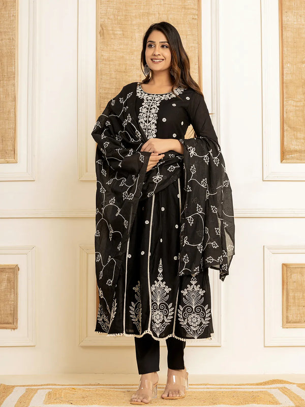 Black Cotton Embroidered Kurta Set With Dupatta Set-Indiakreations-JS1862SKDBKS