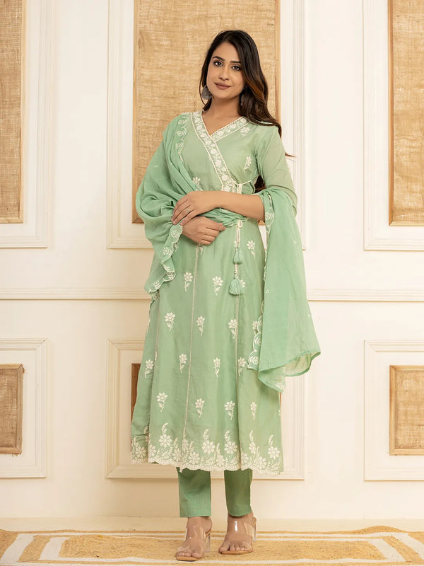 Sea Green Cotton Embroidered Kurta Set With Dupatta Set-Indiakreations-JS1876SKDSGS