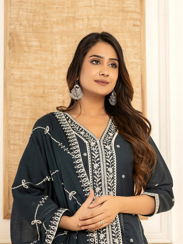 Navy Blue Cotton Embroidered Kurta Set With Dupatta-Indiakreations-JS1878SKDNBS