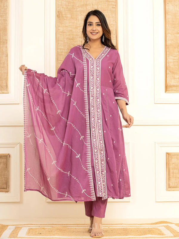 Purple Cotton Embroidered Kurta Set With Dupatta-Indiakreations-JS1878SKDPRS