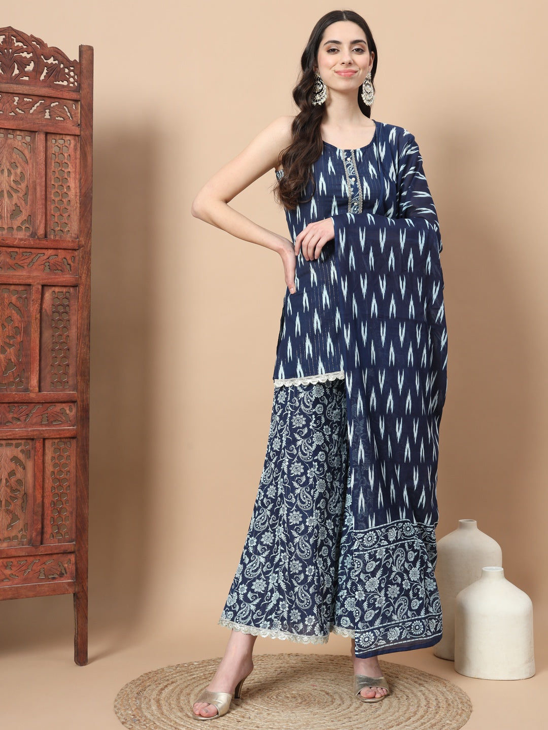 Women's Blue Cotton Sleeveless Ikat Print Kurta Dupatta Set - Yufta