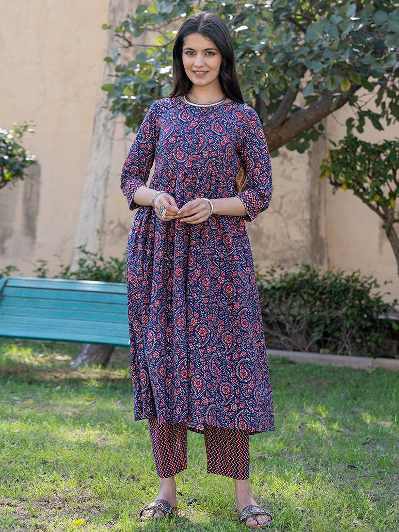 Women's Blue Cotton Printed Gathered Kurta Set With Front Slit - Yufta