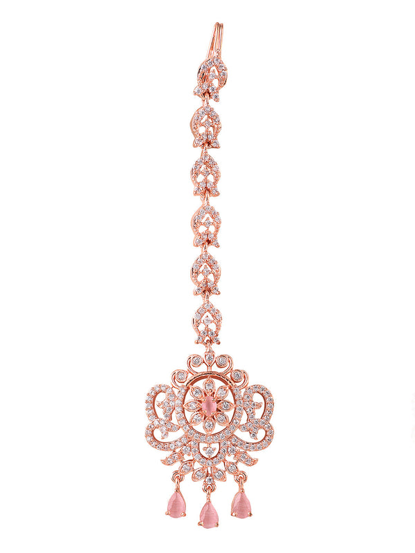 Women's Rosegold Plated Floral Shape Amerivan Diamond Hand Crafted Maangtikka - Anikas Creation