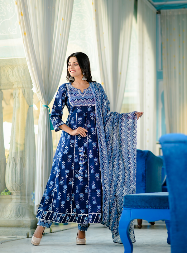 Women's Blue Handblock Dupatta Set - Yufta