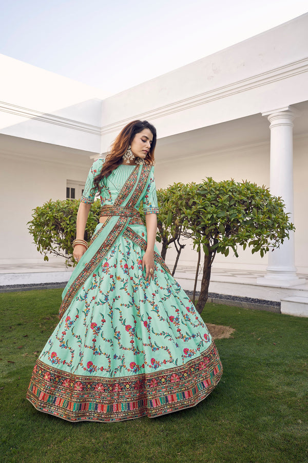 Women's Pista Green Silk Thread Embroidered Lehenga Set - Shubhkala