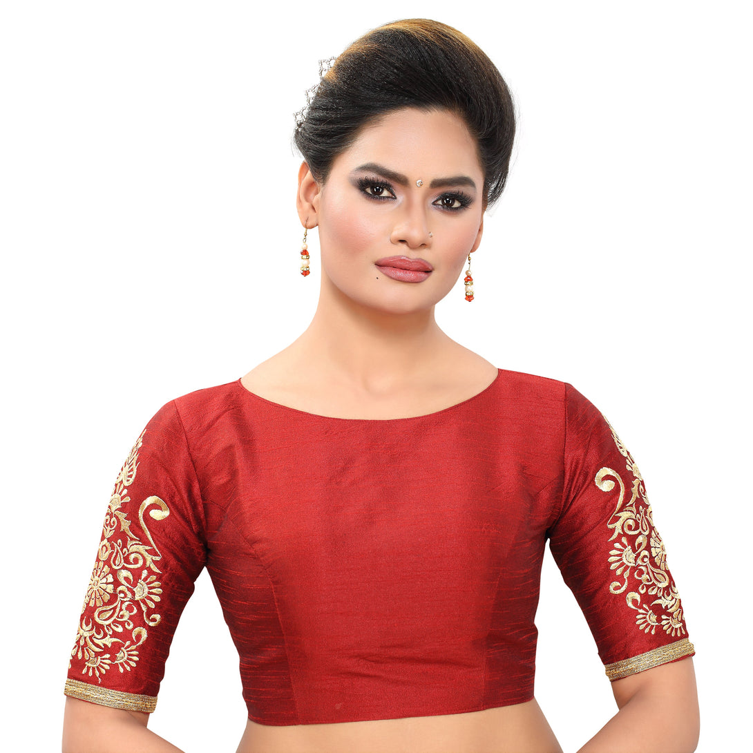 Women'S Poly Raw Silk Readymade Saree Blouse With Embroidered Sleeves - Madhu Fashion