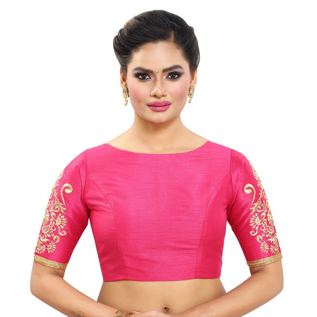 Women'S Poly Raw Silk Readymade Saree Blouse With Embroidered Sleeves - Madhu Fashion