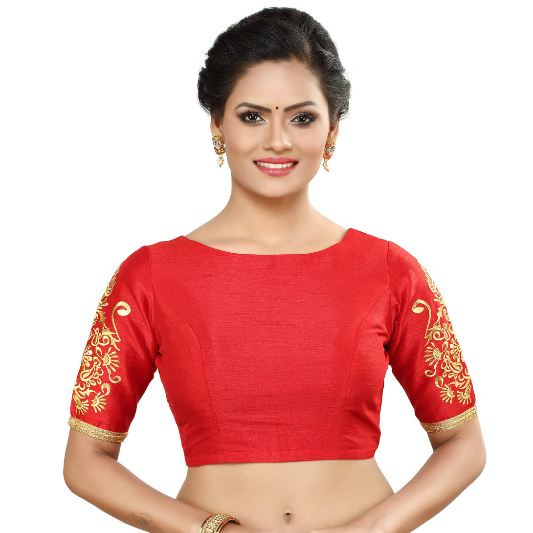 Women'S Poly Raw Silk Readymade Saree Blouse With Embroidered Sleeves - Madhu Fashion