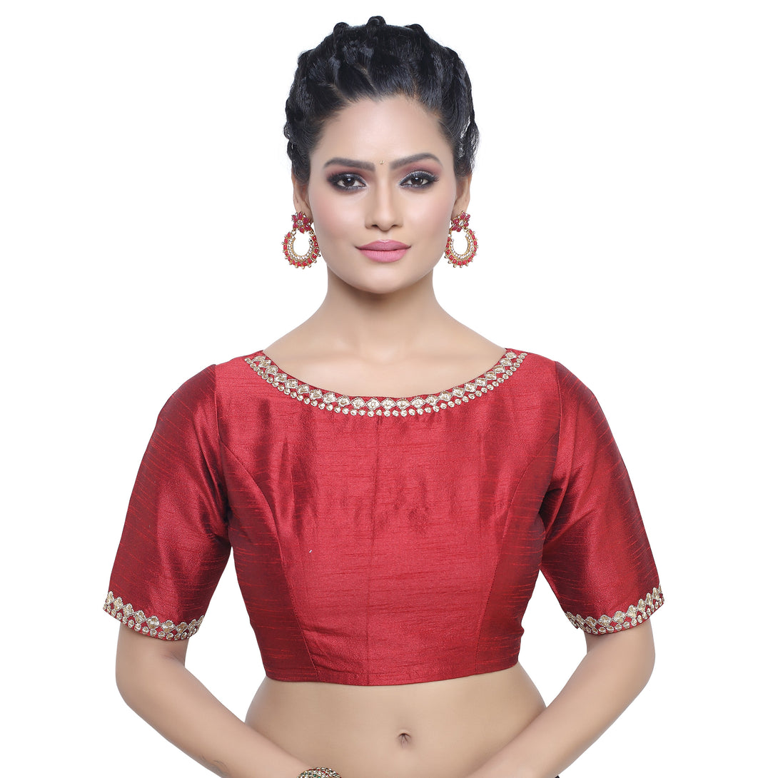 Women'S Polyester Embroidered Elbow Length Sleeve Readymade Blouse - Madhu Fashion