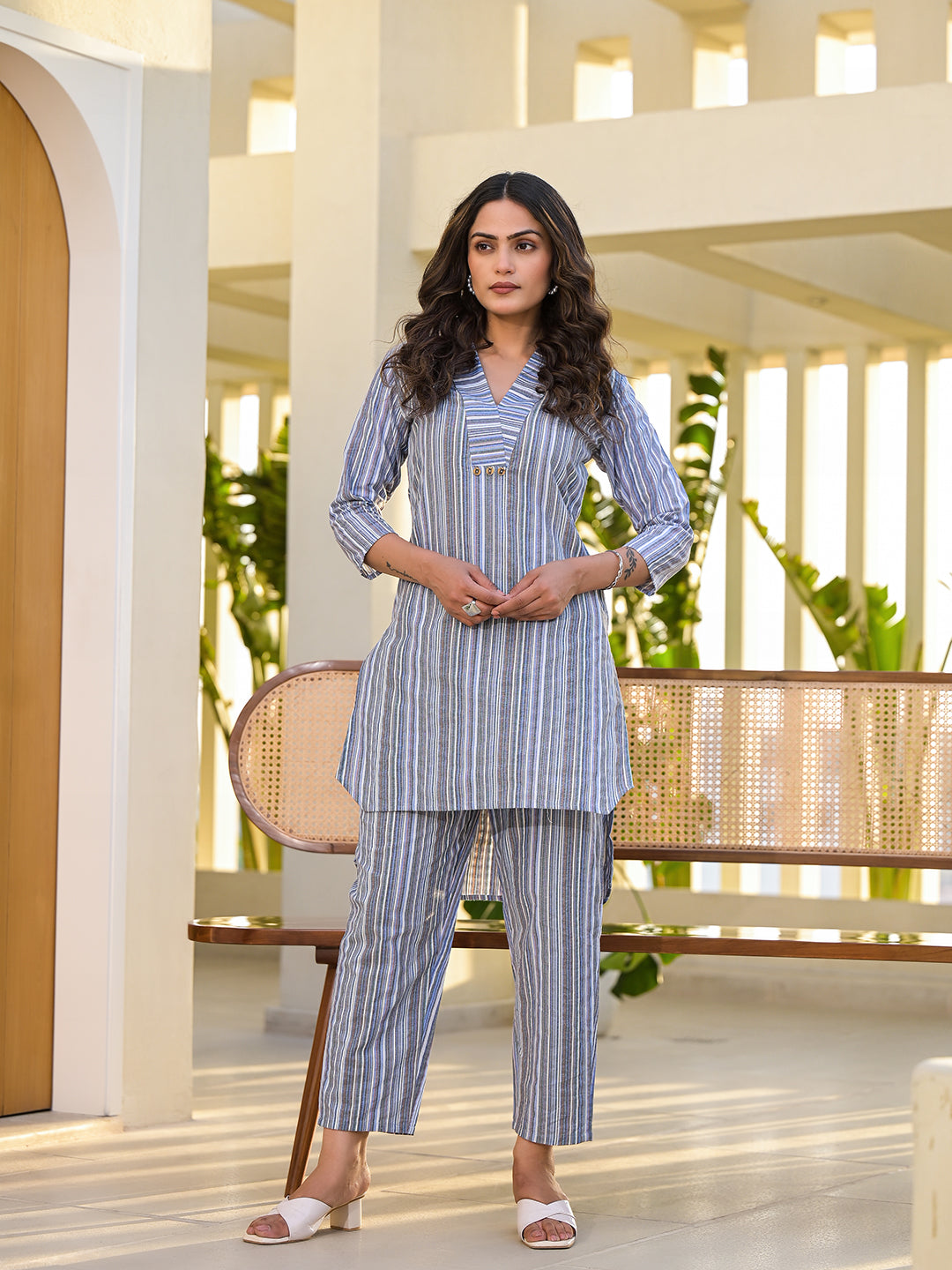 Women's Blue Cotton Striped Print Co-Ord Set - Yufta