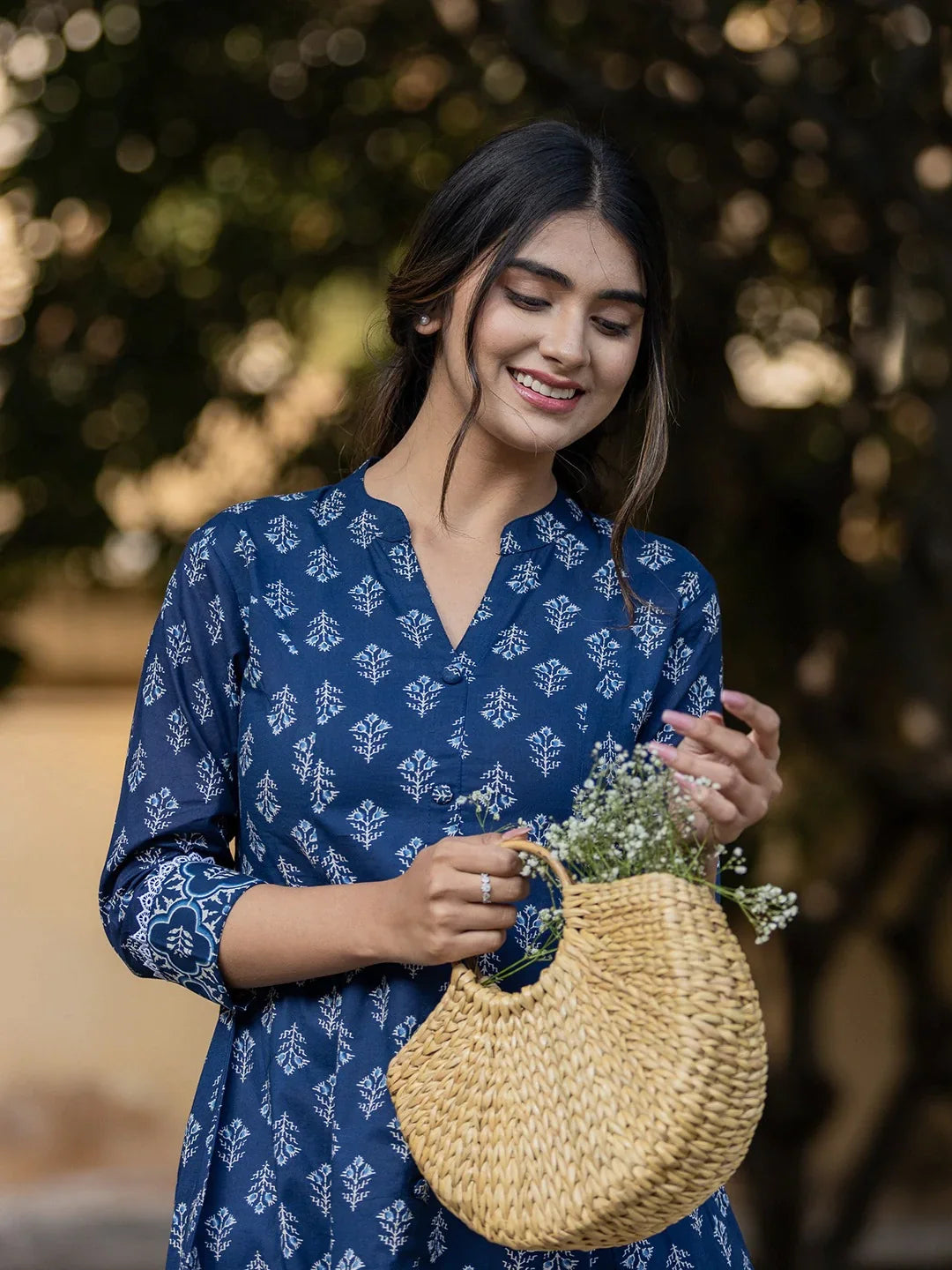 Women's Blue Floral Print Cotton Co-Ord Set - Yufta