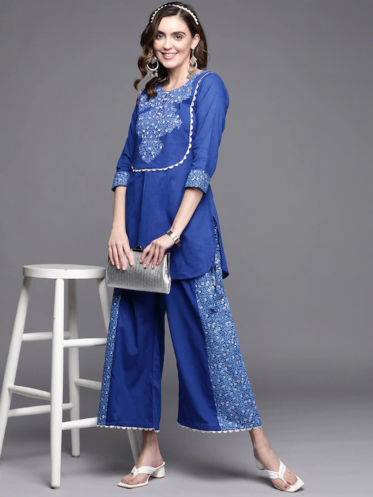 Royal Blue Pure Cotton Printed Tunic Palazzo Set