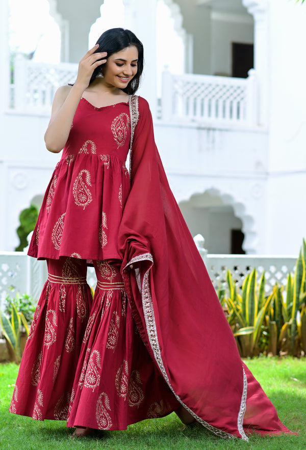 Women's Maroon Hand Block Sharara Suit Set - Hatheli