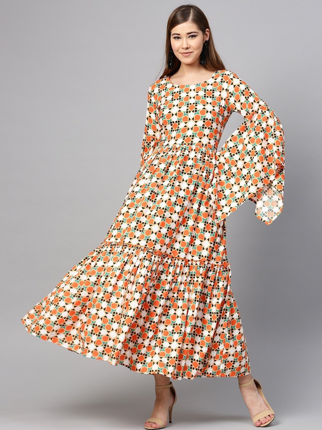 Women's Orange & Off White Printed Dress - Yufta