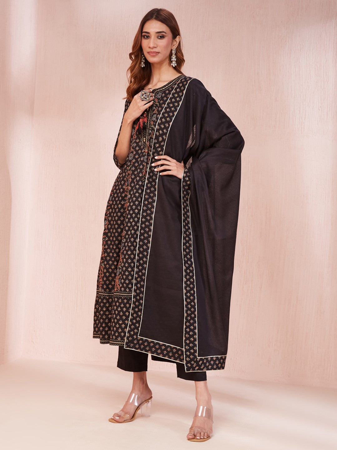 Women's Black Ethnic Motifs Anarkali Kurta Trouser And Dupatta Set - Yufta