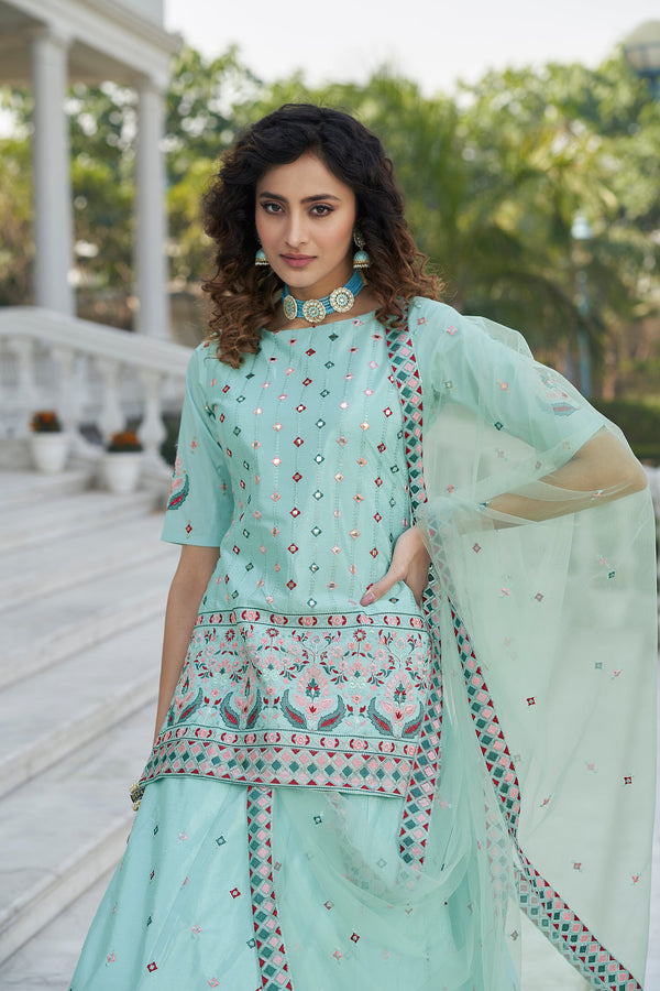 Women's Sky Blue Chinon Chiffon Thread With Sequince Embroidered Lehenga Set - Shubhkala