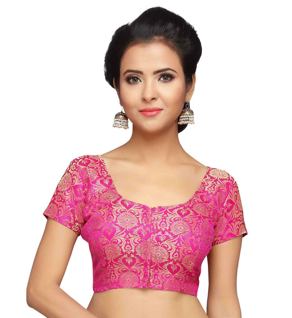 Women Pink Banarasi Brocade Saree Blouse by Shringaar (1pc)