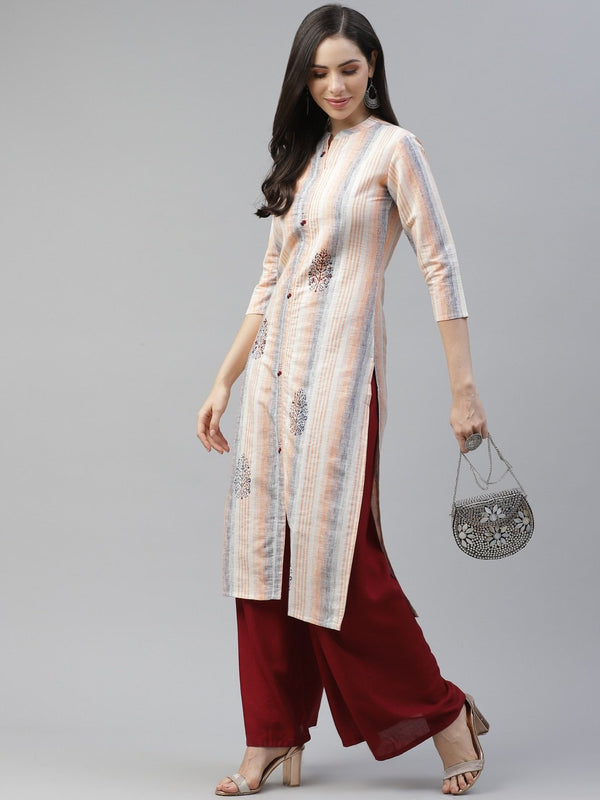 Women's Peach & Blue Striped Kurta - Yufta