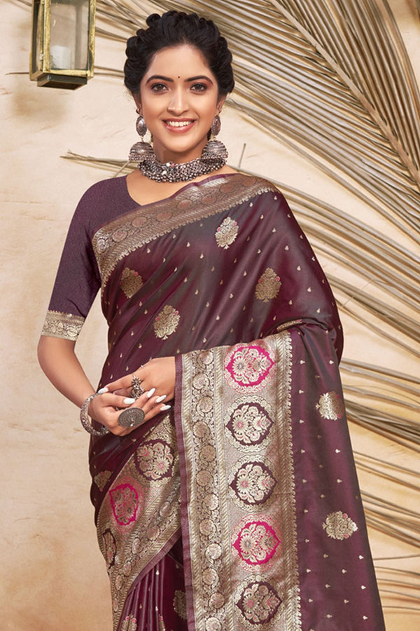 Women's Purple Silk Woven Zari Work Traditional Tassle Saree - Sangam Prints