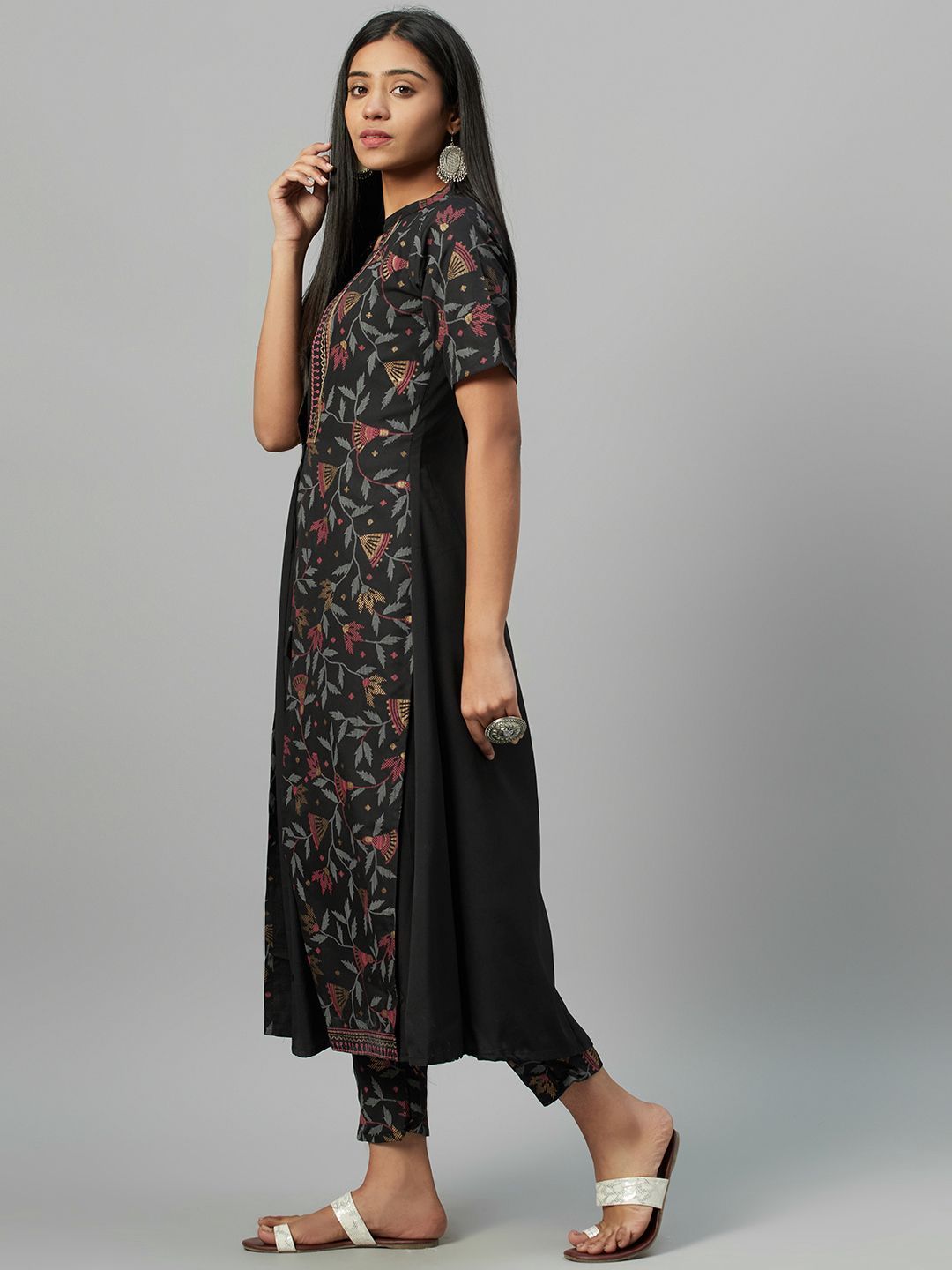 Women Black Printed A-Line Kurta With Pant Set by Ziyaa (2 Pc Set)