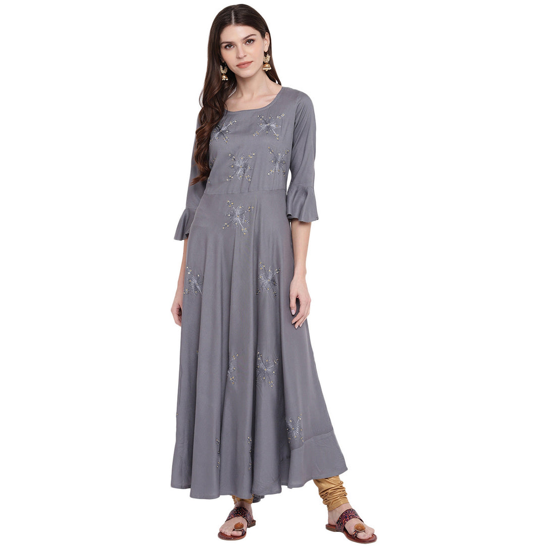 Women's Embellished Flared Rayon Grey Kurti - Vbuyz