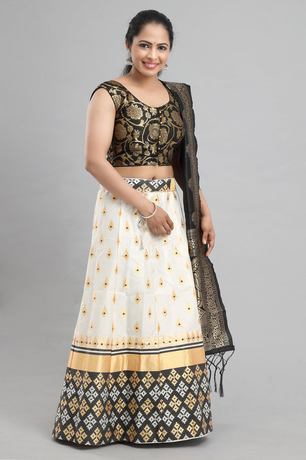 Women's Banarasi  Black And White Brocade Lehenga With Ready Made Blouse  - MANOHARA