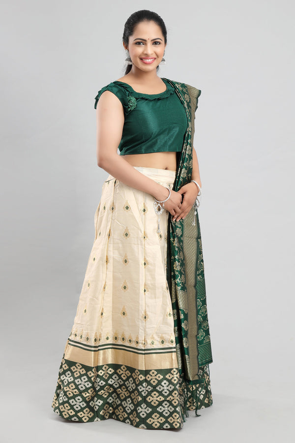 Women's Banarasi  White And Green Brocade Lehenga With Ready Made Blouse, Brocade Dupatta, Cane And Lining. - MANOHARA