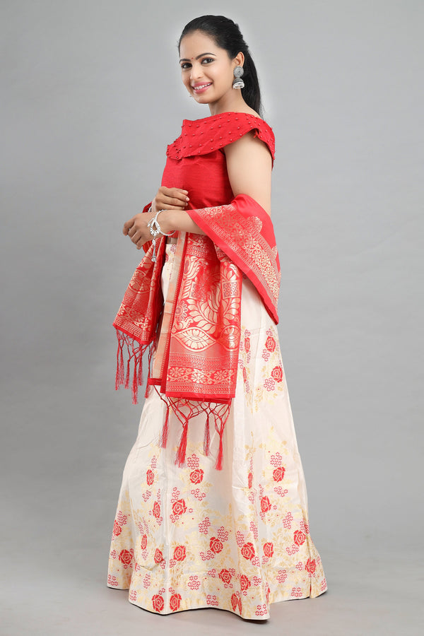 Women's Banarasi Red Floral Brocade Lehenga With Ready Made Blouse, Dupatta, Cane And Lining. - MANOHARA