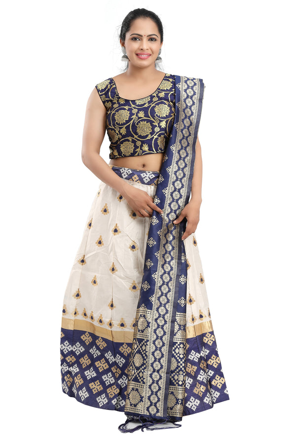 Women's Banarasi Blue On White Brocade Lehenga With Ready Made Blouse, Dupatta, Cane And Lining. - MANOHARA