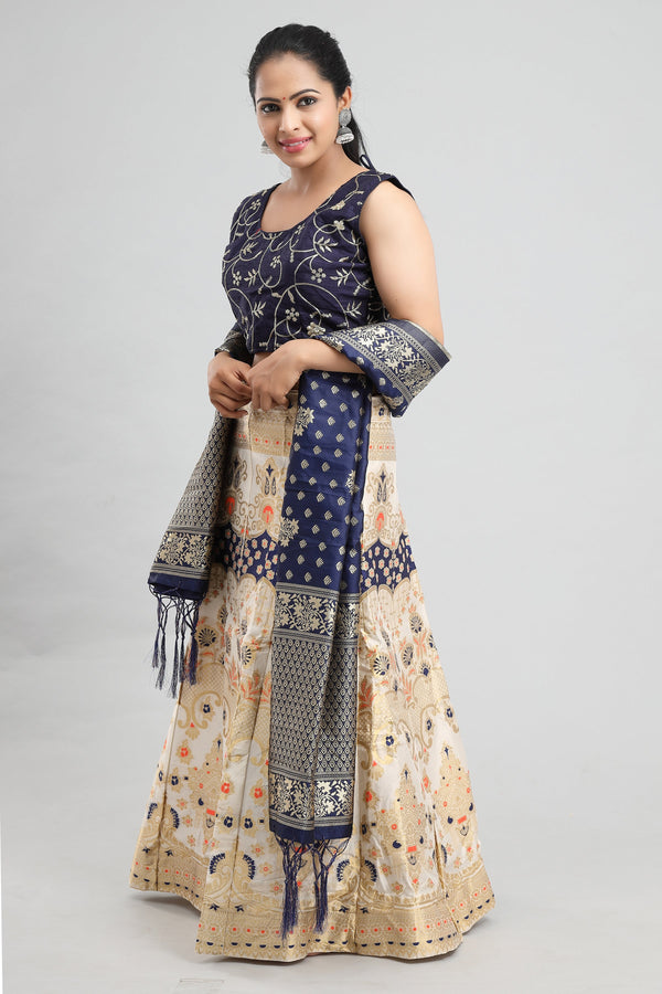 Women's Banarasi Ivory Brocade Lehenga With Ready Made Blouse, Dupatta, Cane And Lining. - MANOHARA