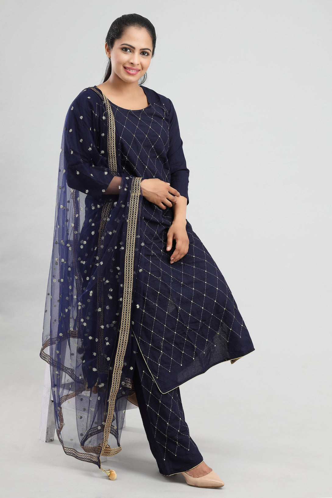 Women`s kurta ,palazzo Suit Set with net dupatta by MANOHARA (Set of 3)