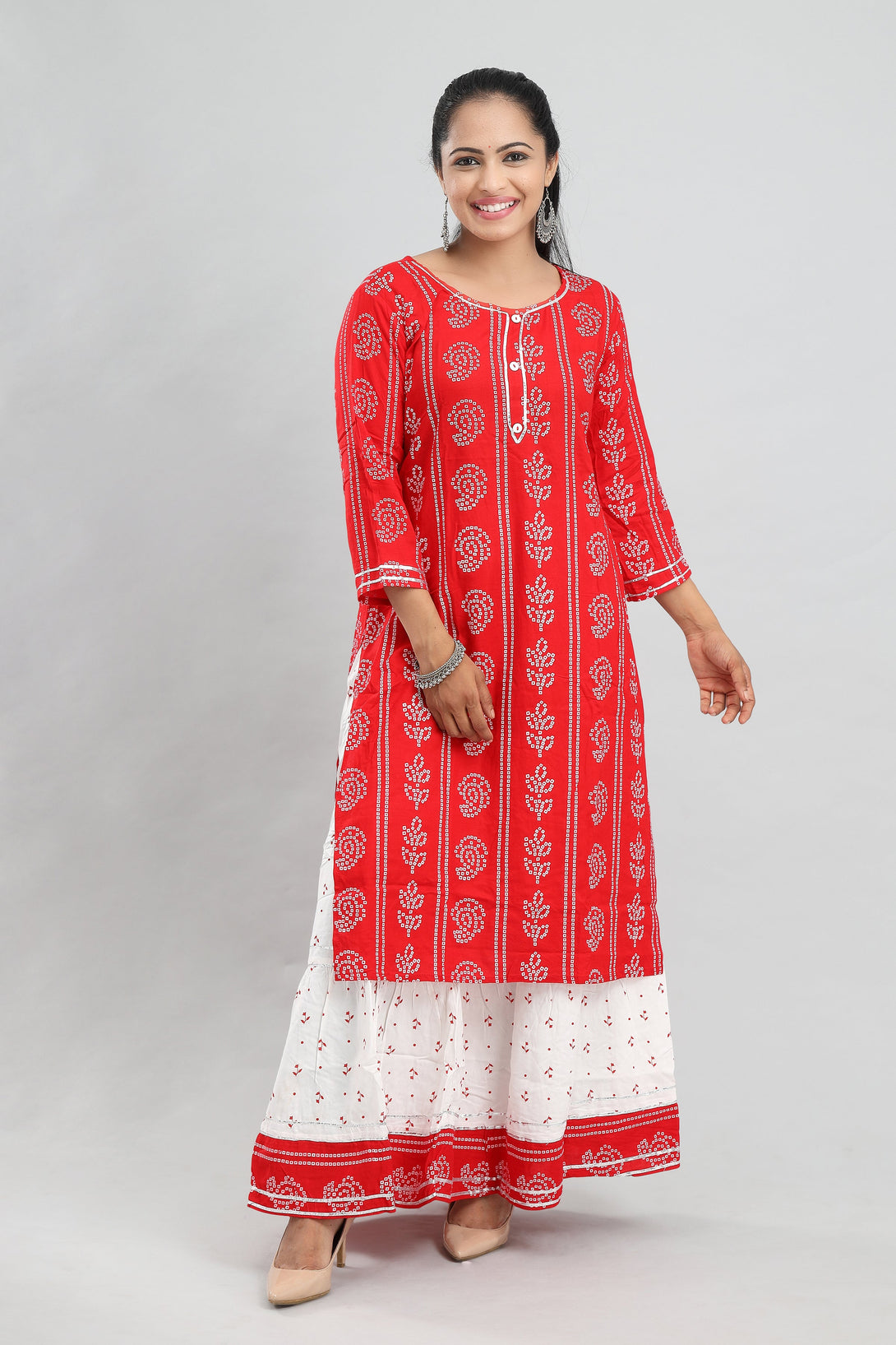 Women Bandhej kurti with Skirt Set by MANOHARA (Set of 2)