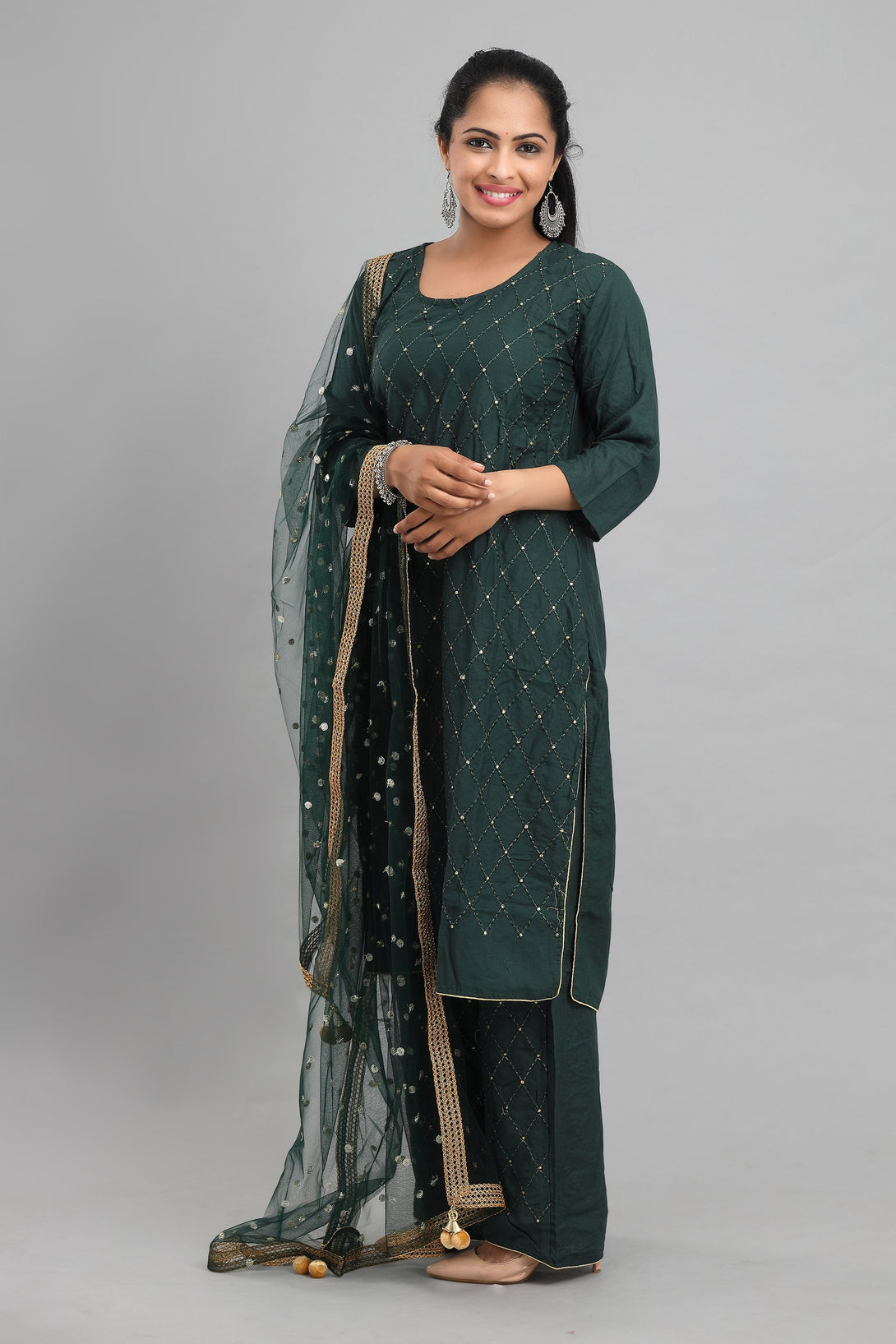 Women`s kurta ,palazzo Suit Set with net dupatta by MANOHARA (Set of 3)