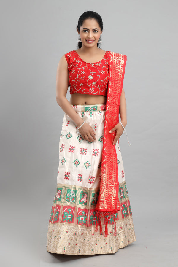 Women's Banarasi Cross Brocade Lehenga With Ready Made Blouse, Brocade Dupatta, Cane And Lining. - MANOHARA