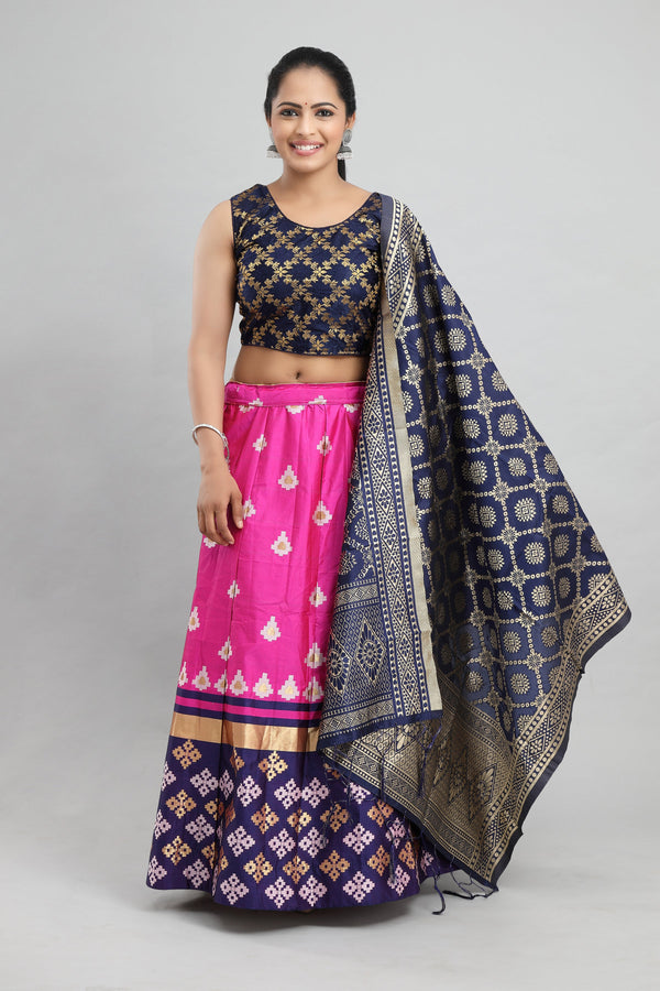 Women's Banarasi Brocade Lehenga With Ready Made Blouse, Brocade Dupatta, Cane And Lining. - MANOHARA